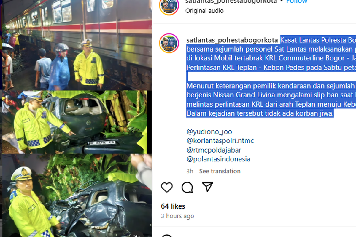 Kecelakaan, Nissan Grand Livina, kecelakaan, KRL Commuter Line, mobil ditabrak kereta, Peyebab Nissan Grand Livina Tertabrak KRL di Bogor, Ban Mobil Selip Saat Melintas Rel